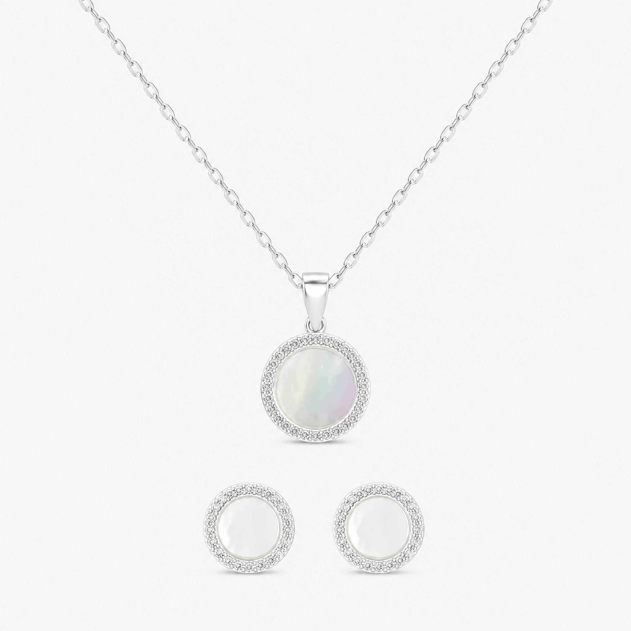 CONJUNTO REDONDO COM PEDRA DE MADRE CRAVEJADO EM VOLTA P (s corrente)